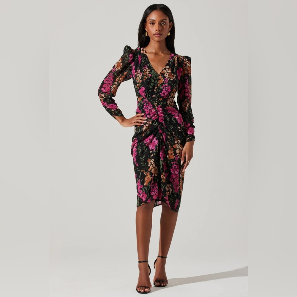 Black Floral Long Sleeve Ruched Midi Dress